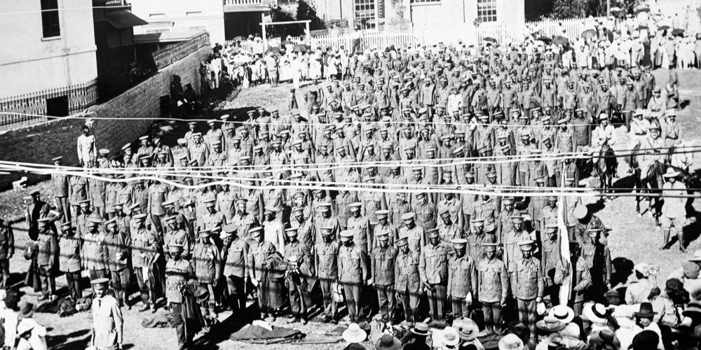 Troops being inspected in Jamaica in preparation for being sent to the Western Front